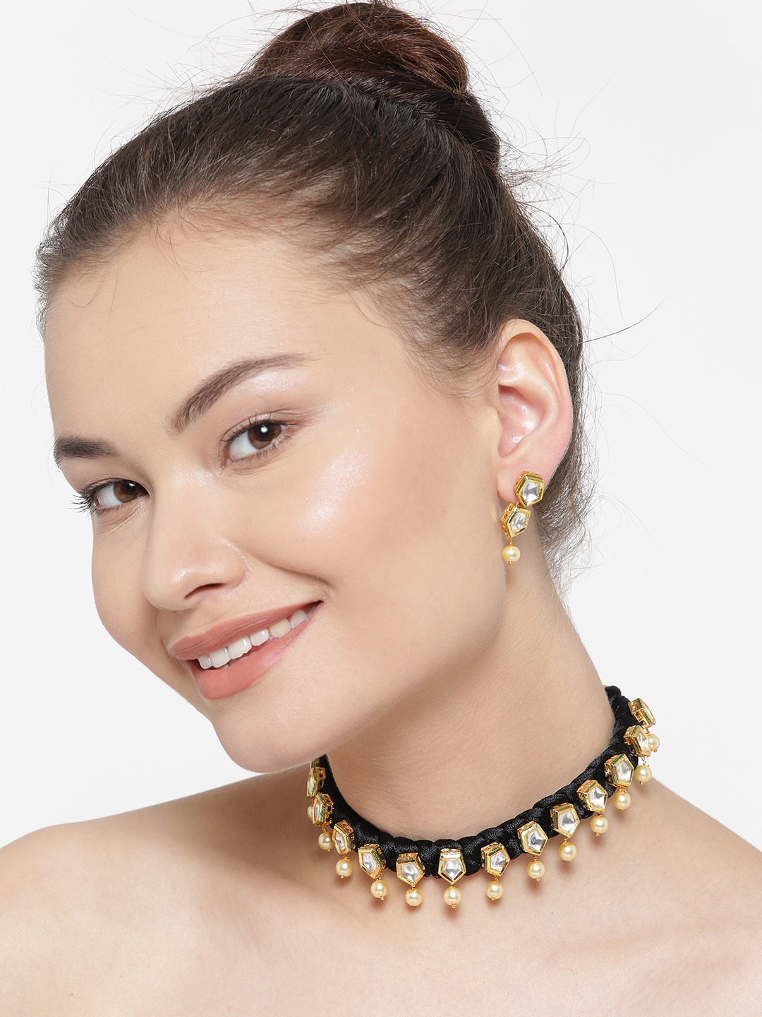 YouBella Black  Gold-Toned Stone-Studded Beaded Jewellery Set